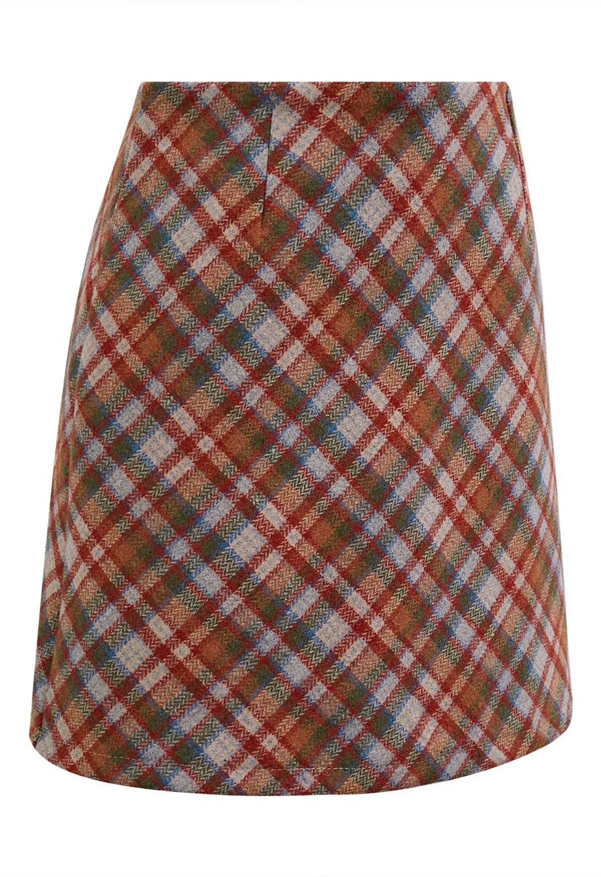 Minifalda Bud retro de mezcla de lana a cuadros en rojo