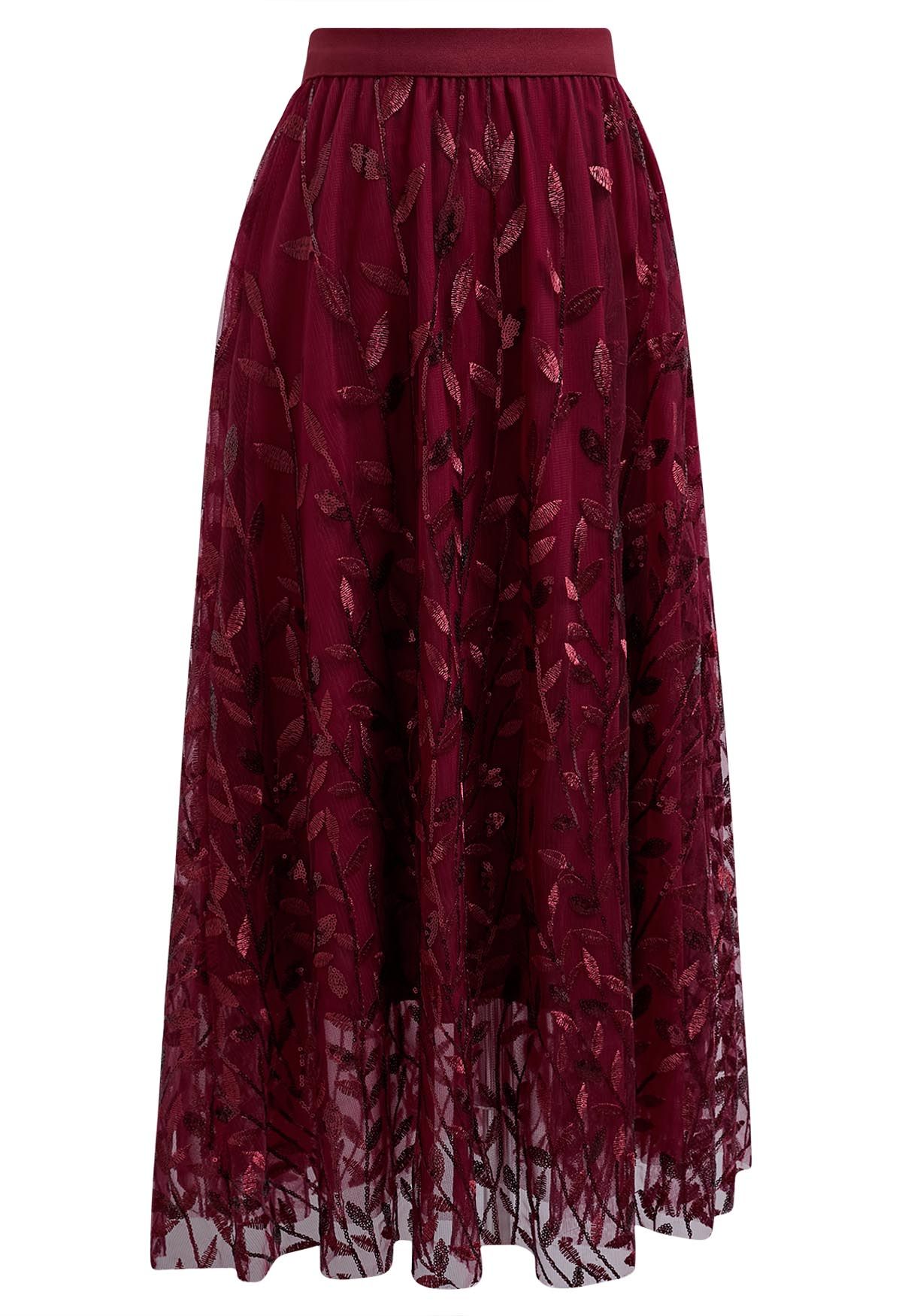 Falda midi de tul de malla con hojas bordadas con lentejuelas en color burdeos
