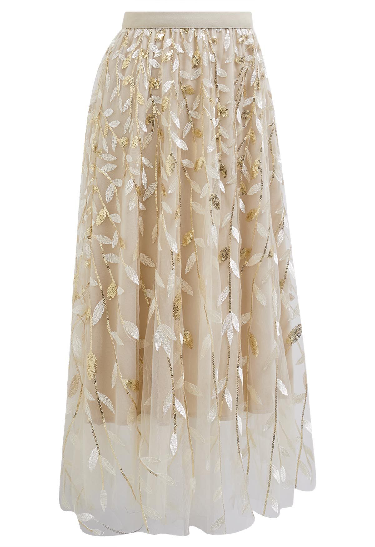 Falda midi de tul de malla con hojas bordadas y lentejuelas en color crema