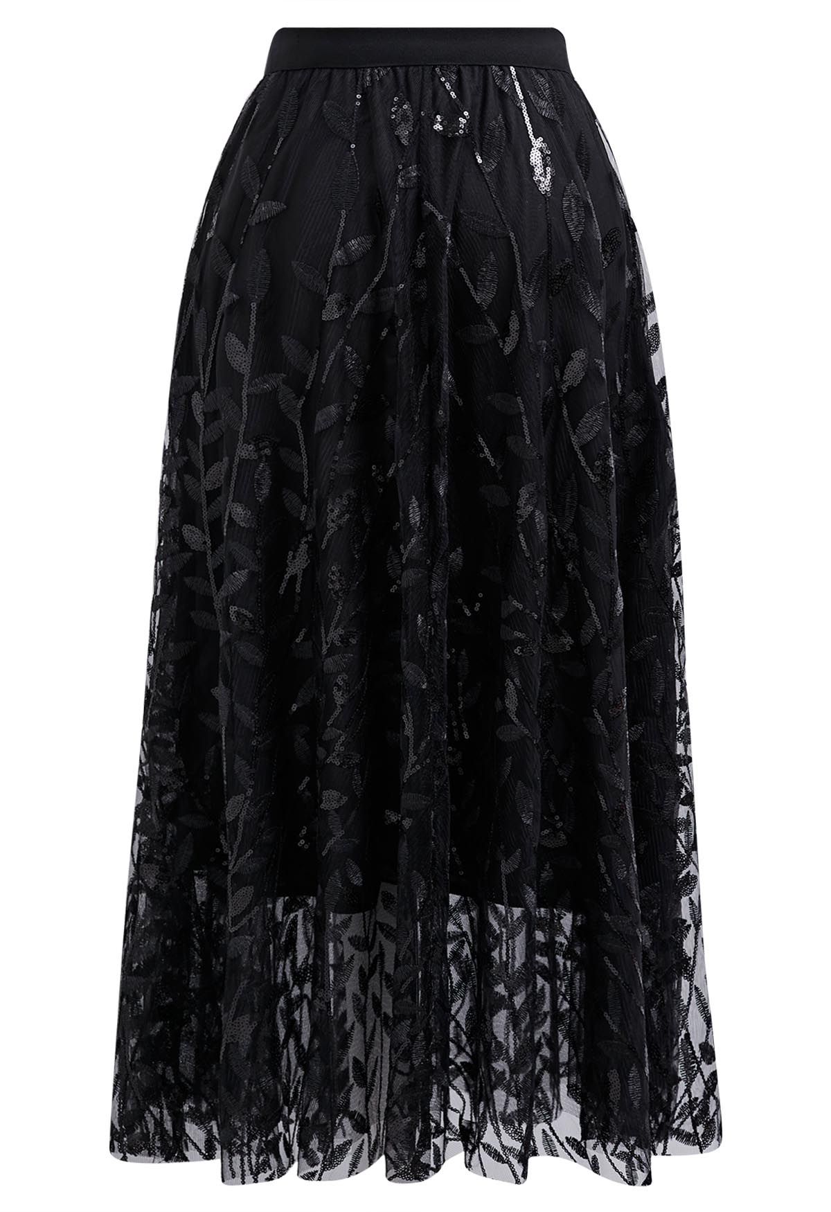 Falda midi de tul de malla con hojas bordadas con lentejuelas en negro