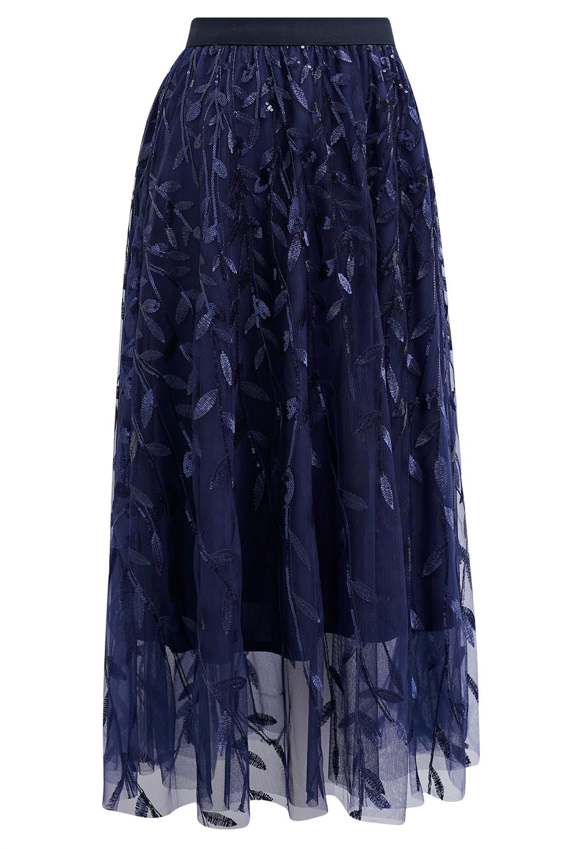 Falda midi de tul de malla con hojas bordadas y lentejuelas en azul marino