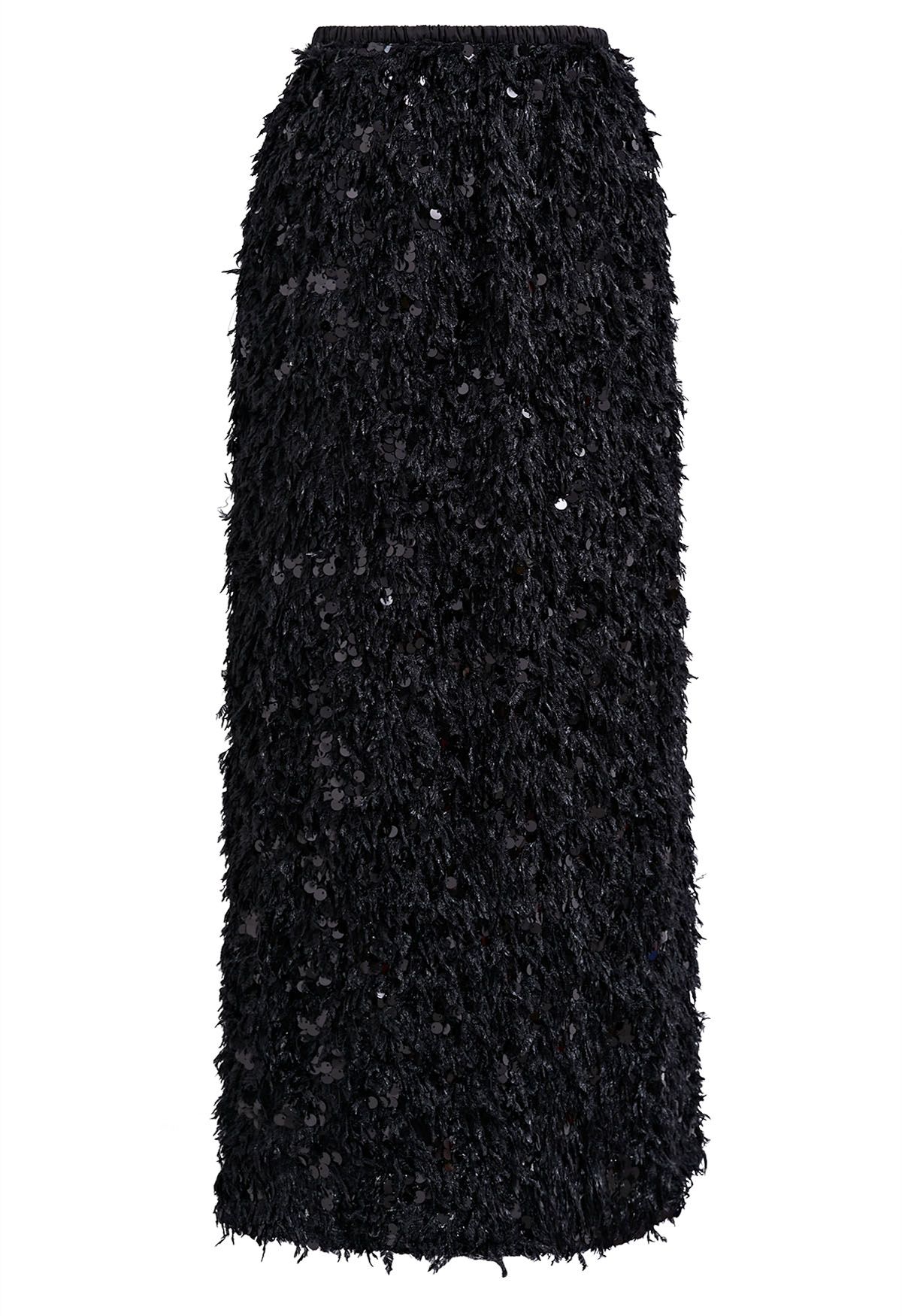 Falda lápiz con lentejuelas y plumas en negro