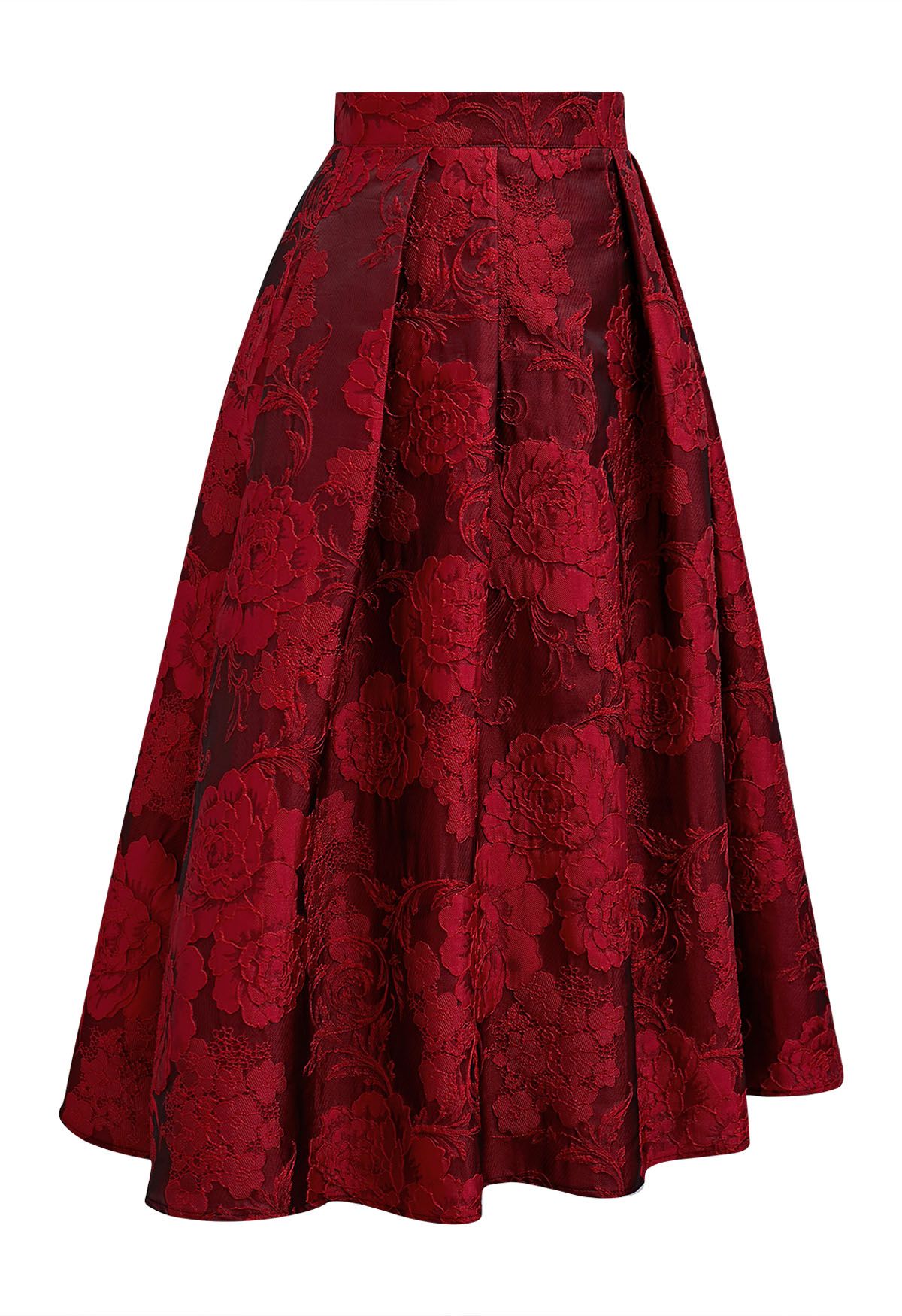 Falda midi plisada de jacquard floral rojo de Blissful