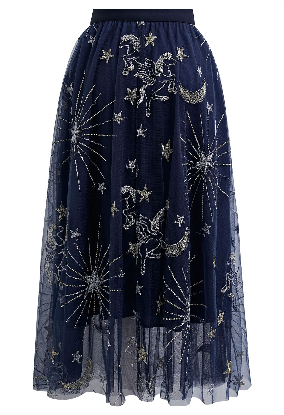 Falda de tul de malla bordada con luna y estrella de Mysterious Night en azul marino