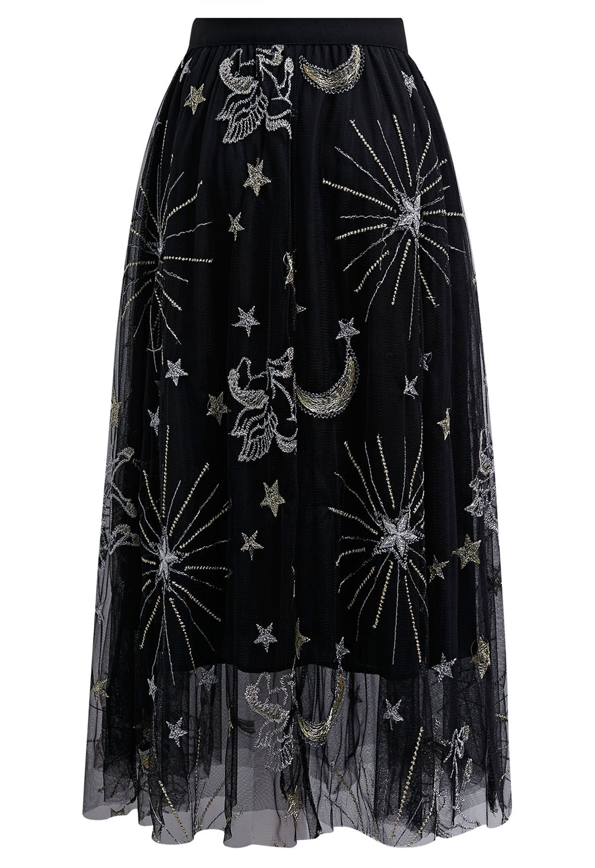 Falda de tul de malla bordada con luna y estrella de Mysterious Night en negro