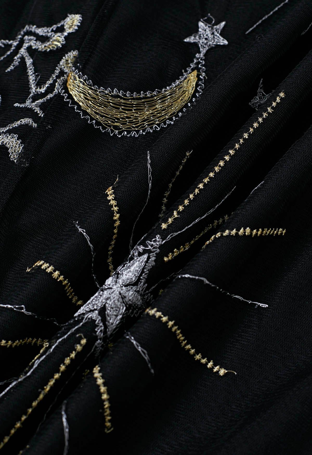 Falda de tul de malla bordada con luna y estrella de Mysterious Night en negro
