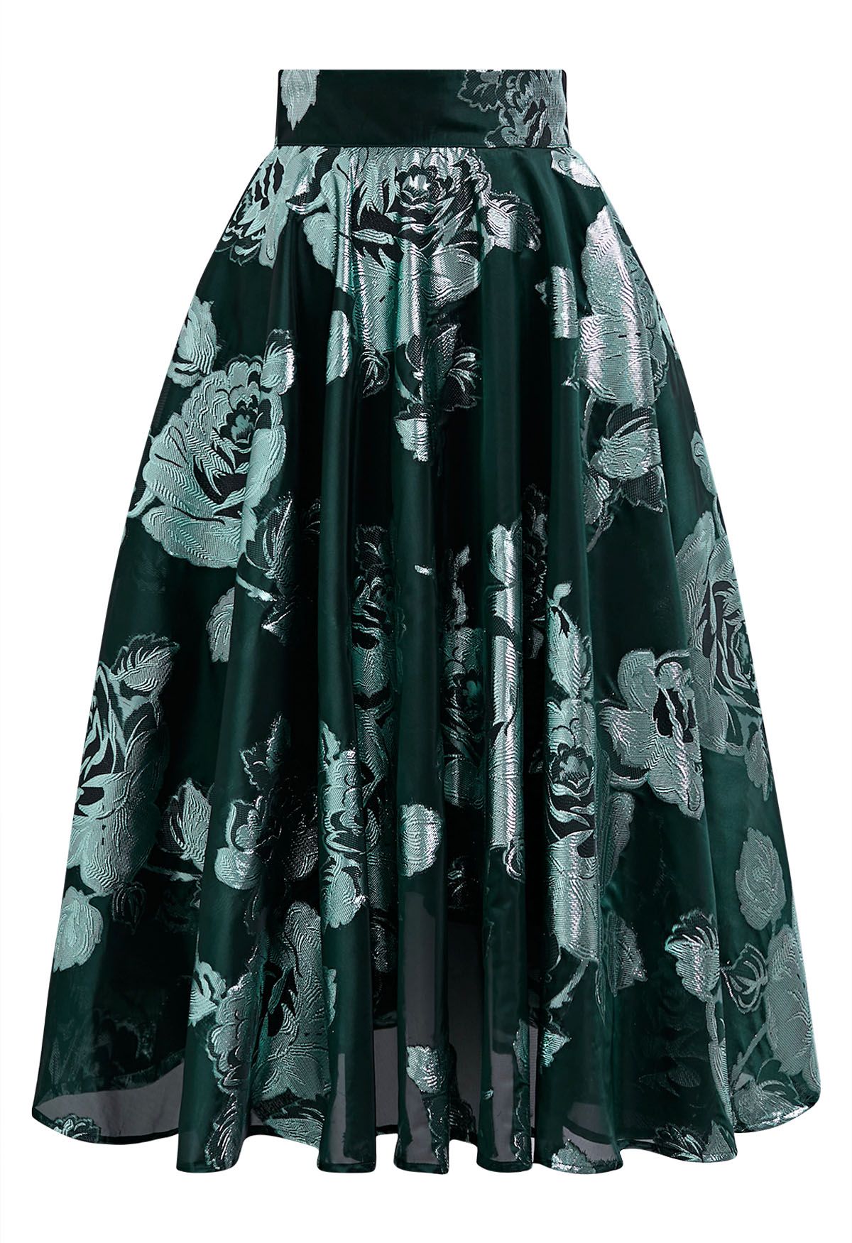 Falda midi evasé de jacquard floral metalizado en verde oscuro