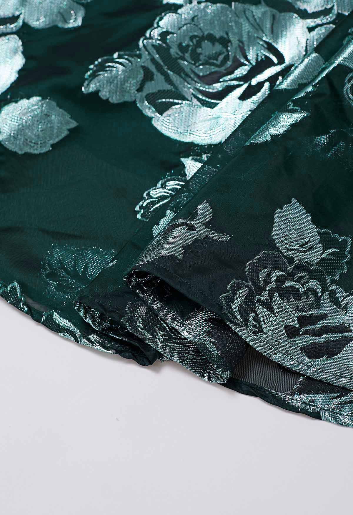 Falda midi evasé de jacquard floral metalizado en verde oscuro