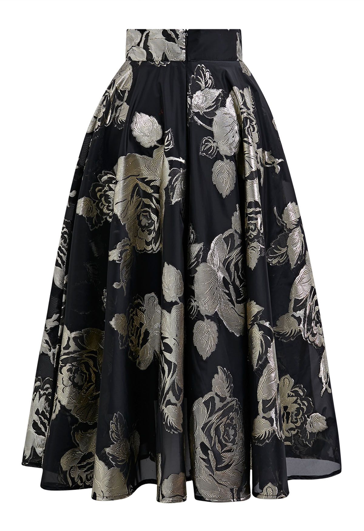 Falda midi evasé de jacquard floral metalizado en negro