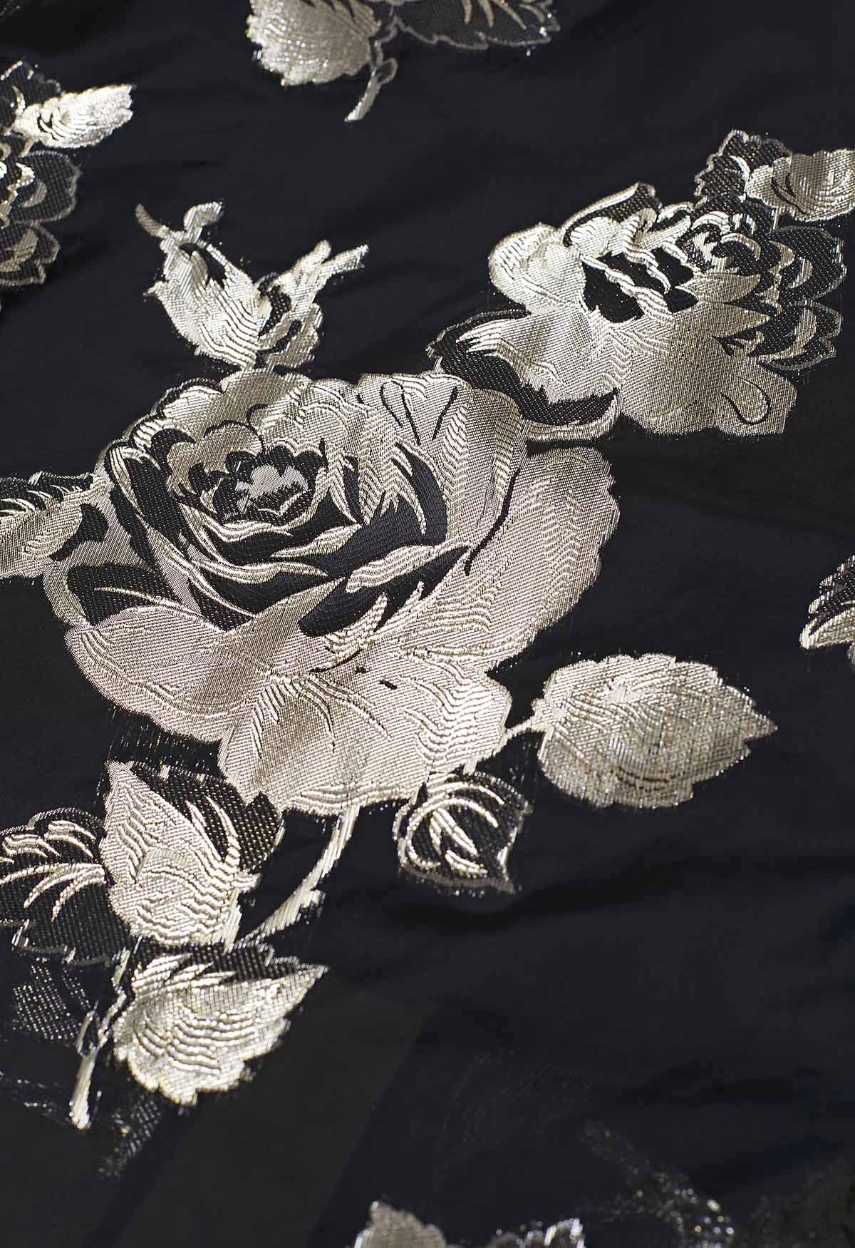 Falda midi evasé de jacquard floral metalizado en negro
