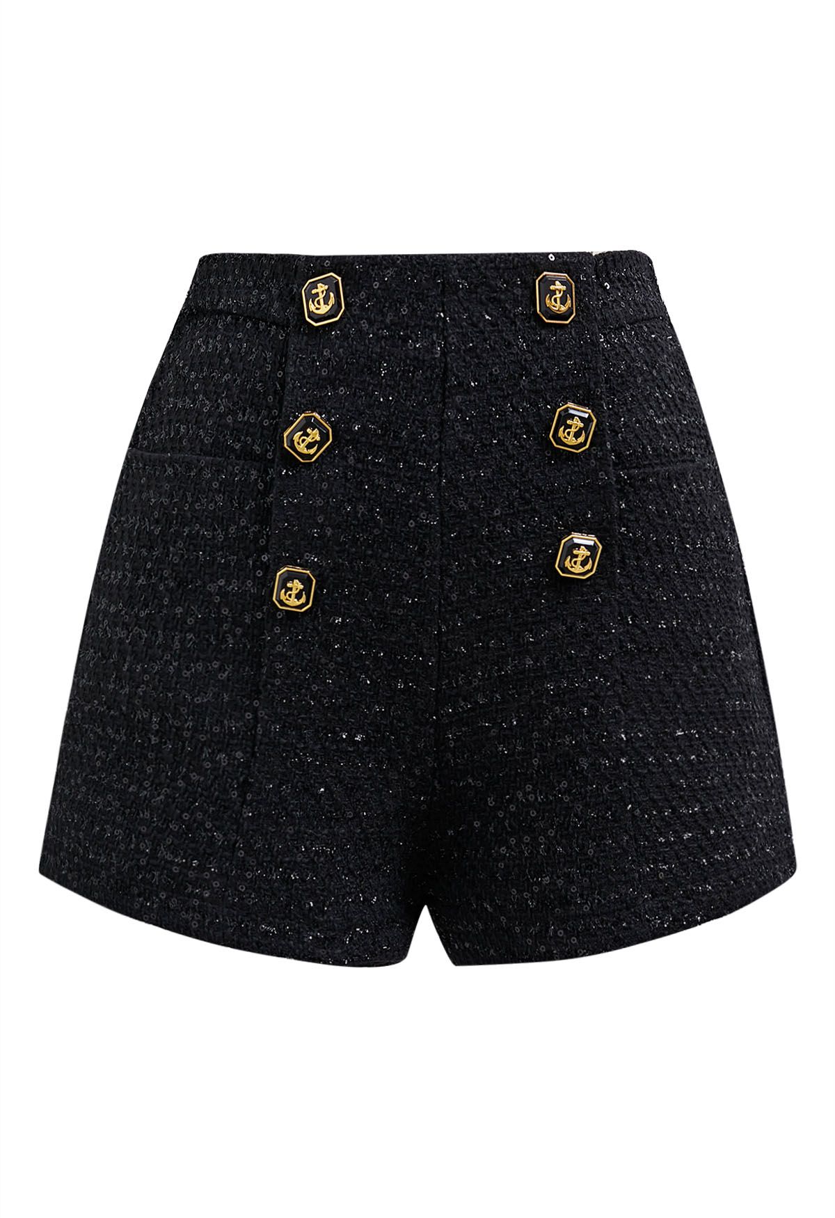 Shorts de tweed con lentejuelas y decoración de botones en negro