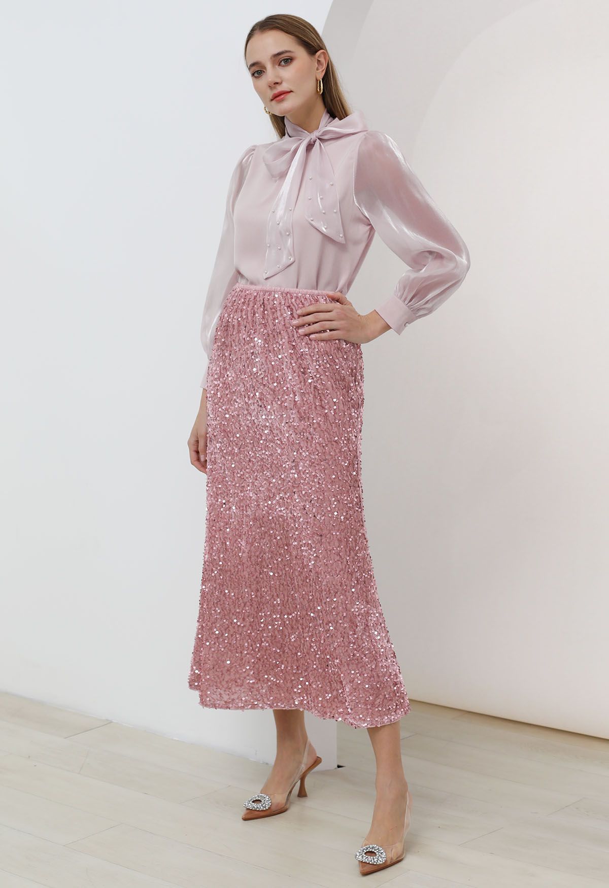 Falda larga de terciopelo con lentejuelas Dazzling Dream en rosa polvoriento