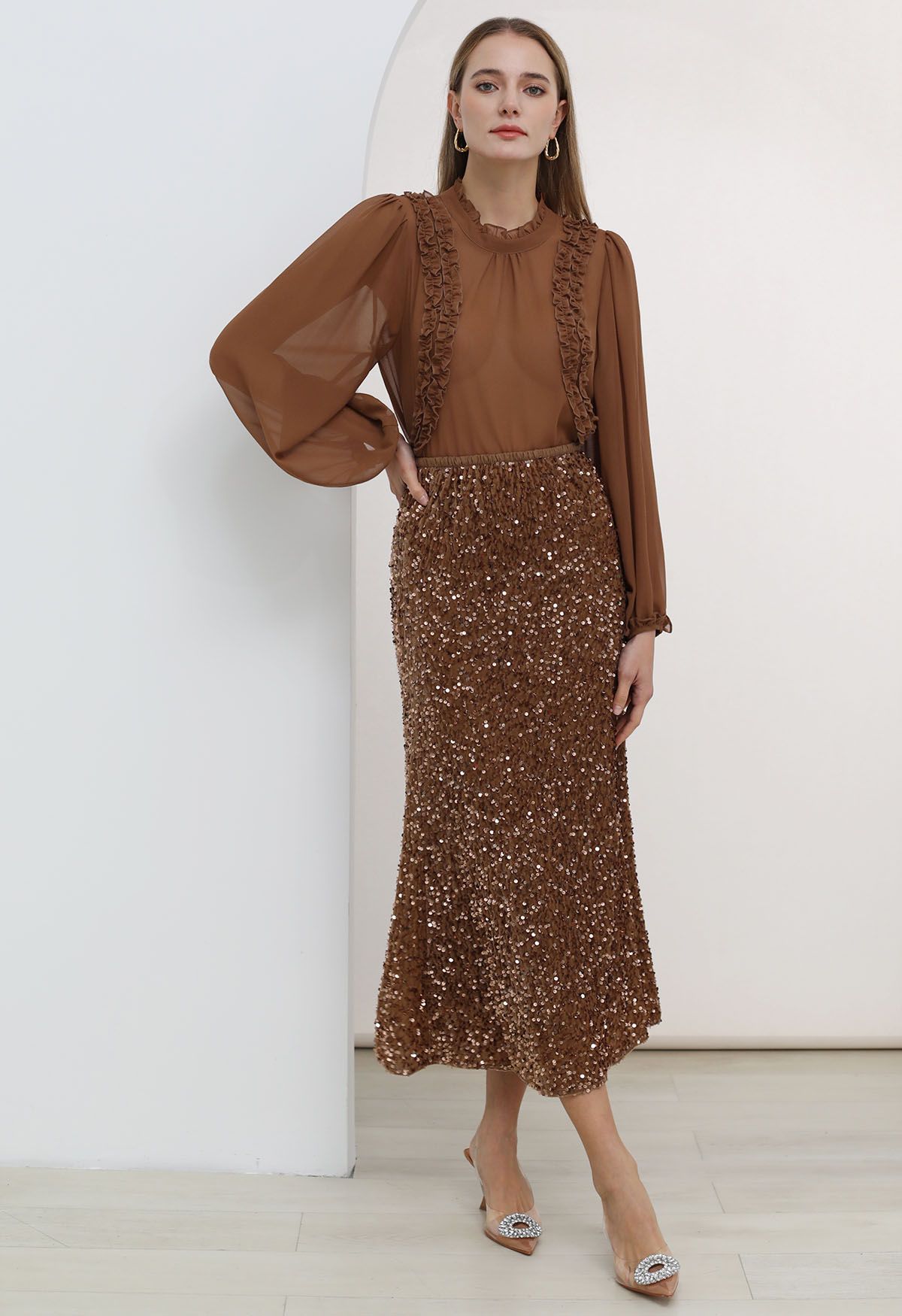 Falda larga de terciopelo con lentejuelas Dazzling Dream en marrón