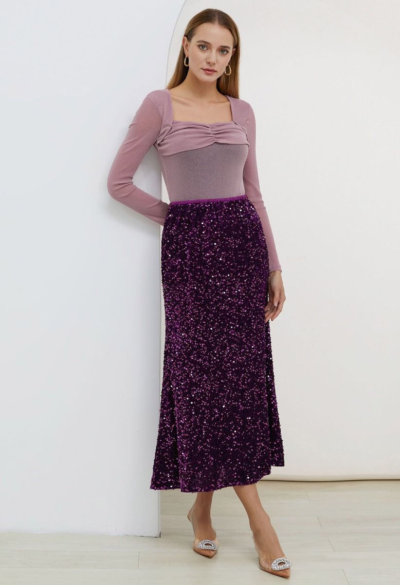 Falda larga de terciopelo con lentejuelas Dazzling Dream en morado