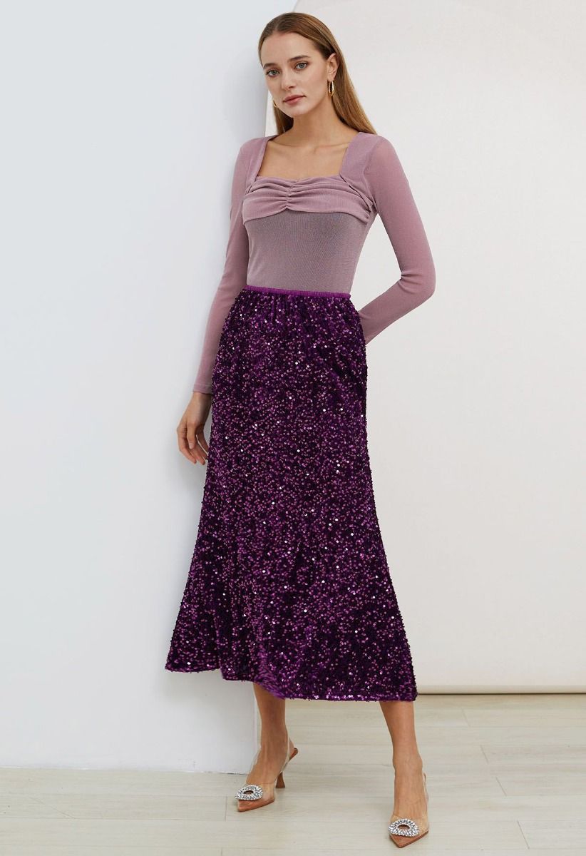 Falda larga de terciopelo con lentejuelas Dazzling Dream en morado