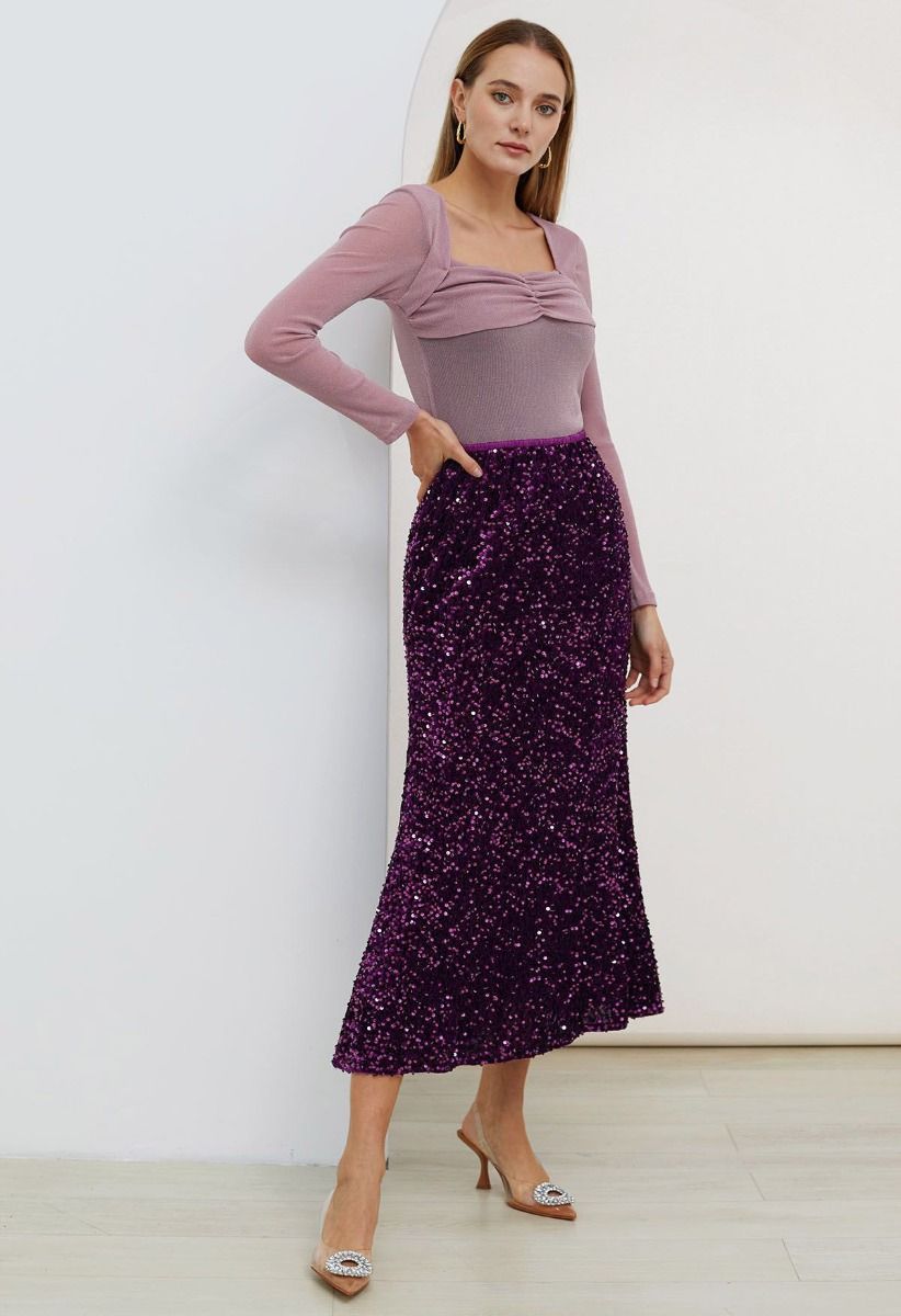 Falda larga de terciopelo con lentejuelas Dazzling Dream en morado