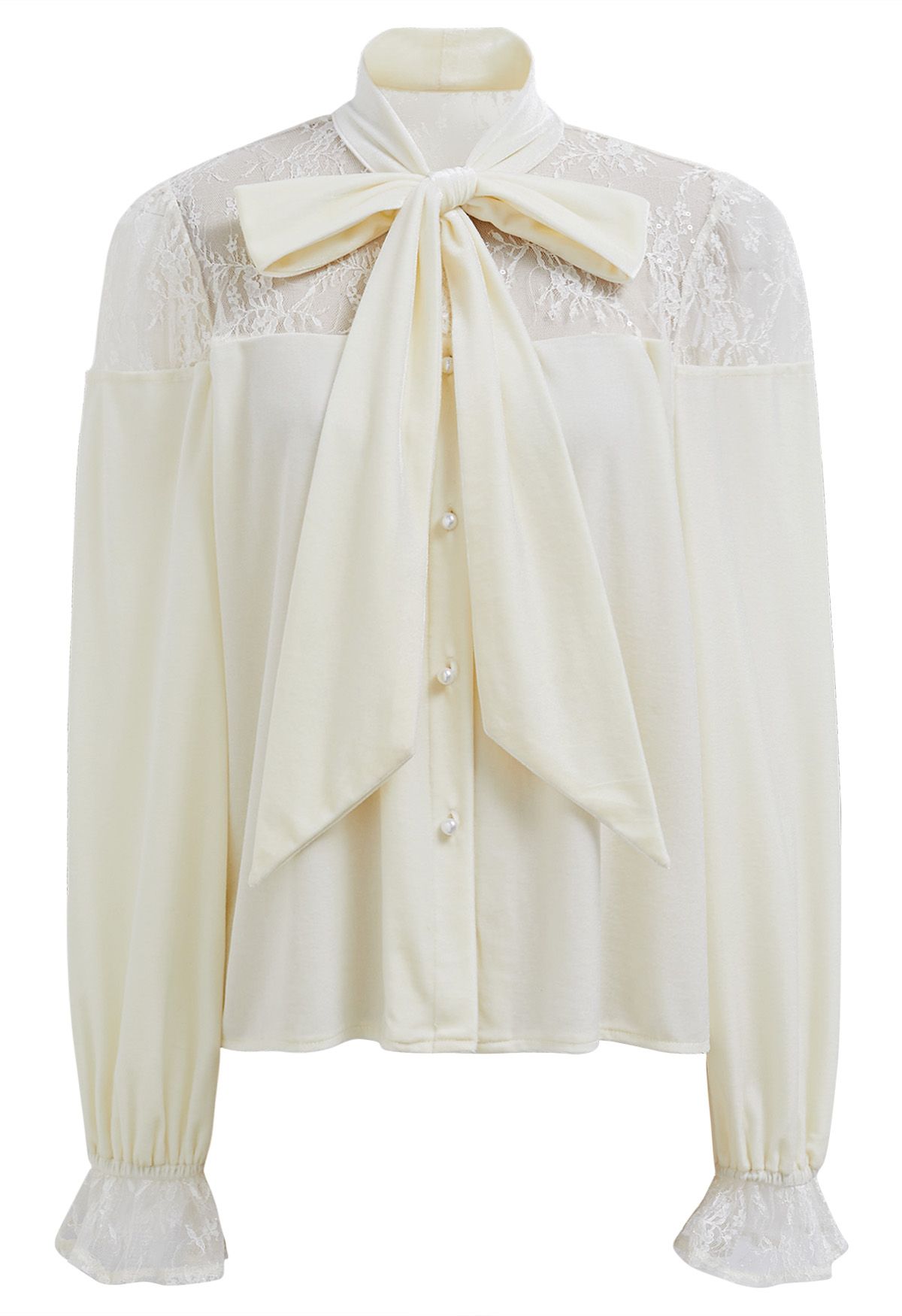 Camisa de terciopelo con lazo empalmado y encaje floral en color crema