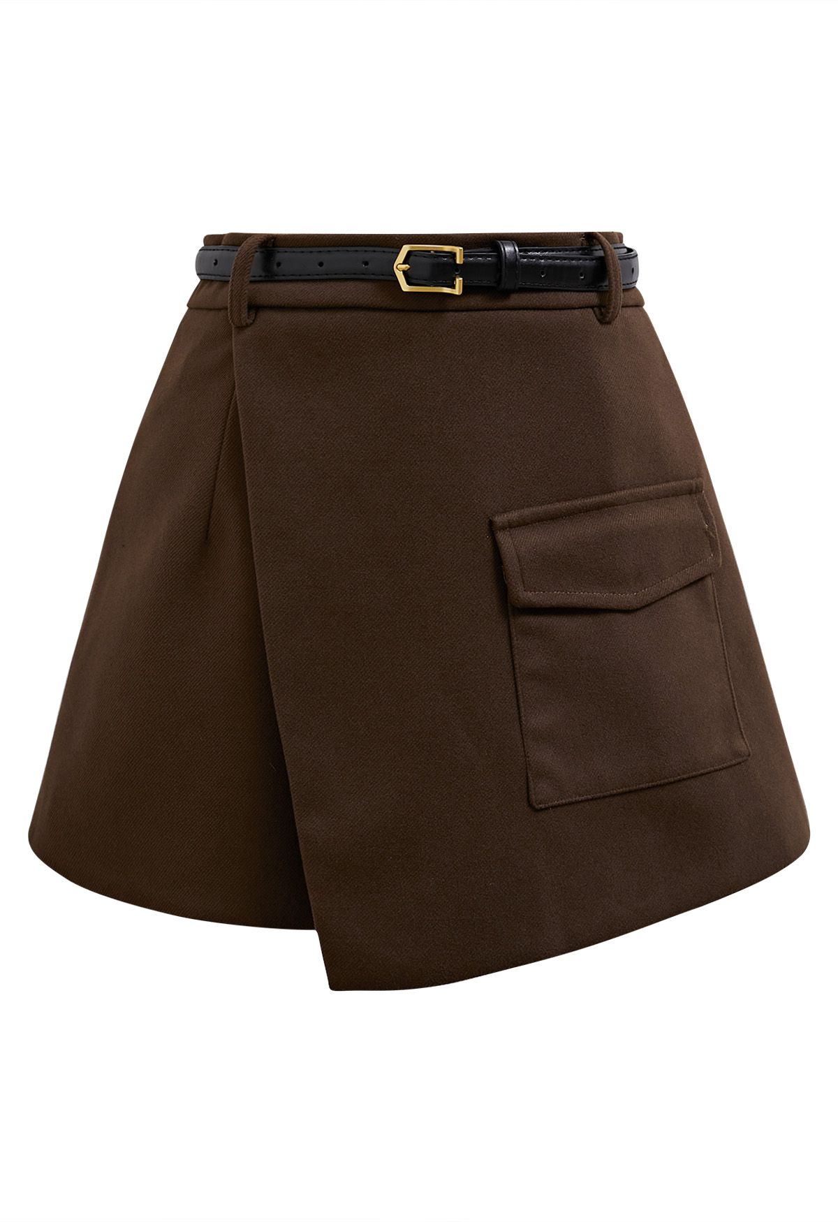 Minifalda pantalón de mezcla de lana con cinturón y bolsillo con solapa en marrón