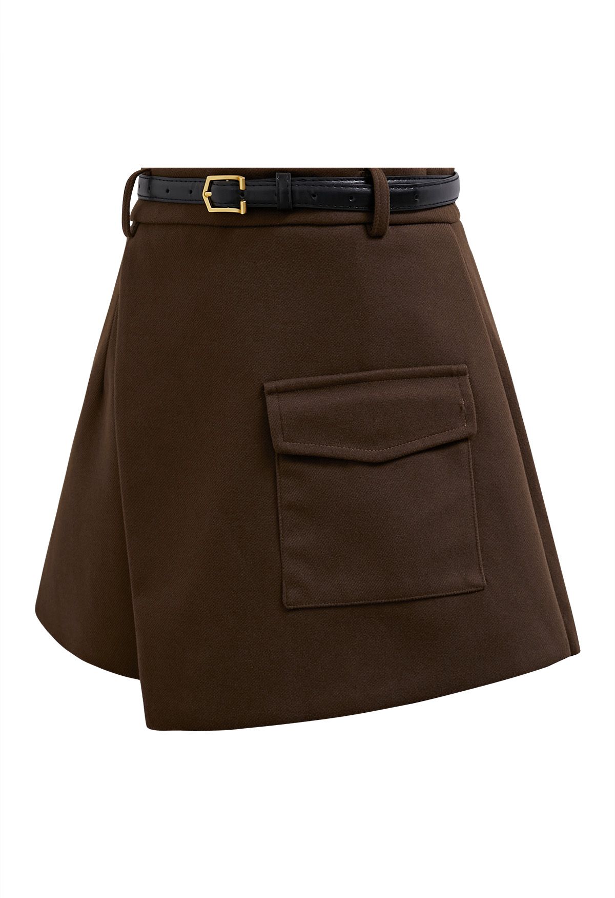 Minifalda pantalón de mezcla de lana con cinturón y bolsillo con solapa en marrón