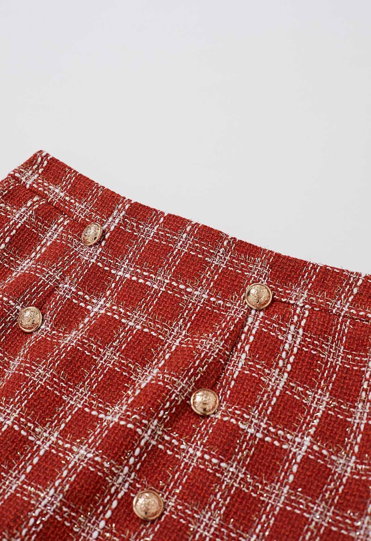 Minifalda de tweed a cuadros roja con botones dorados