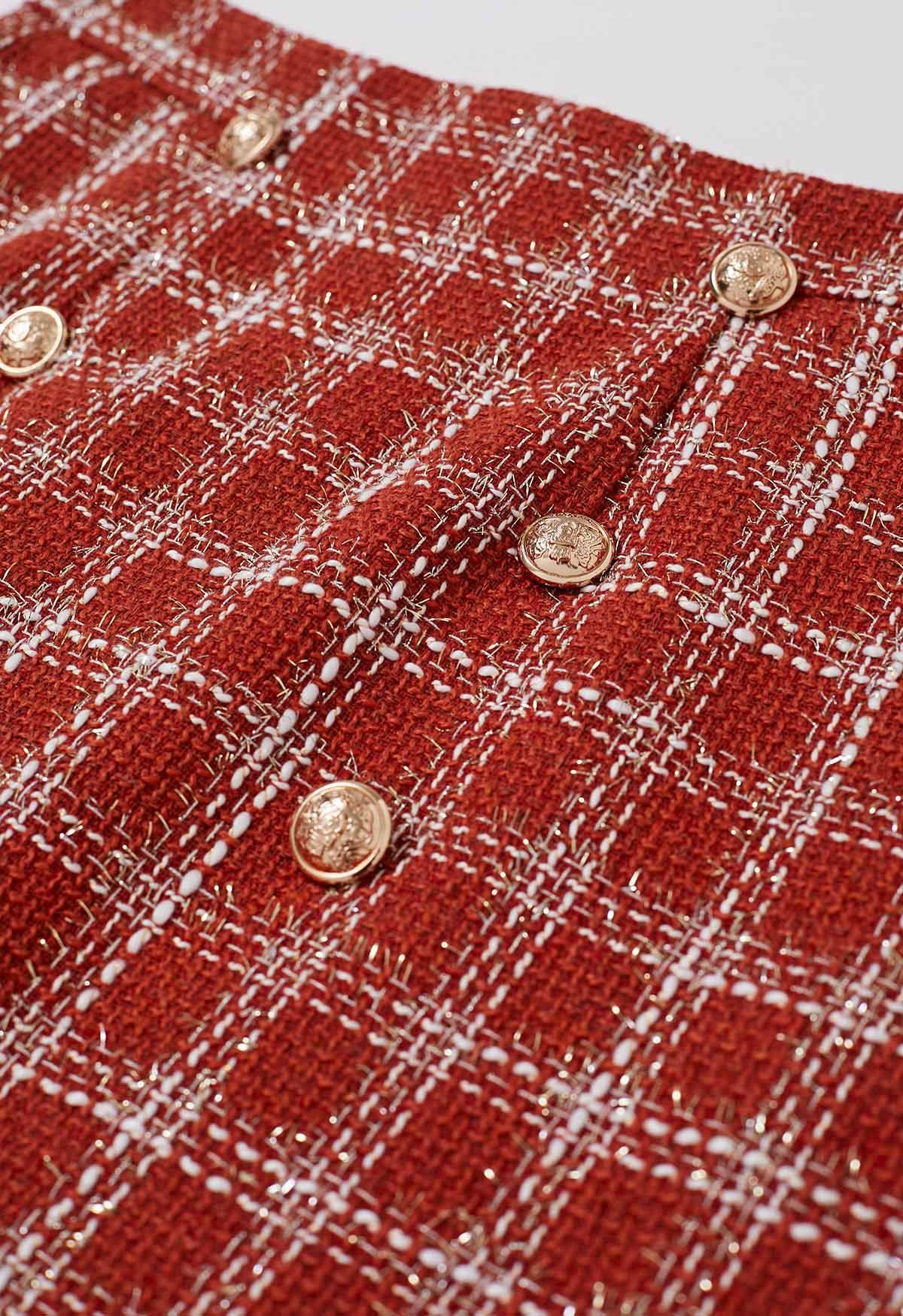 Minifalda de tweed a cuadros roja con botones dorados