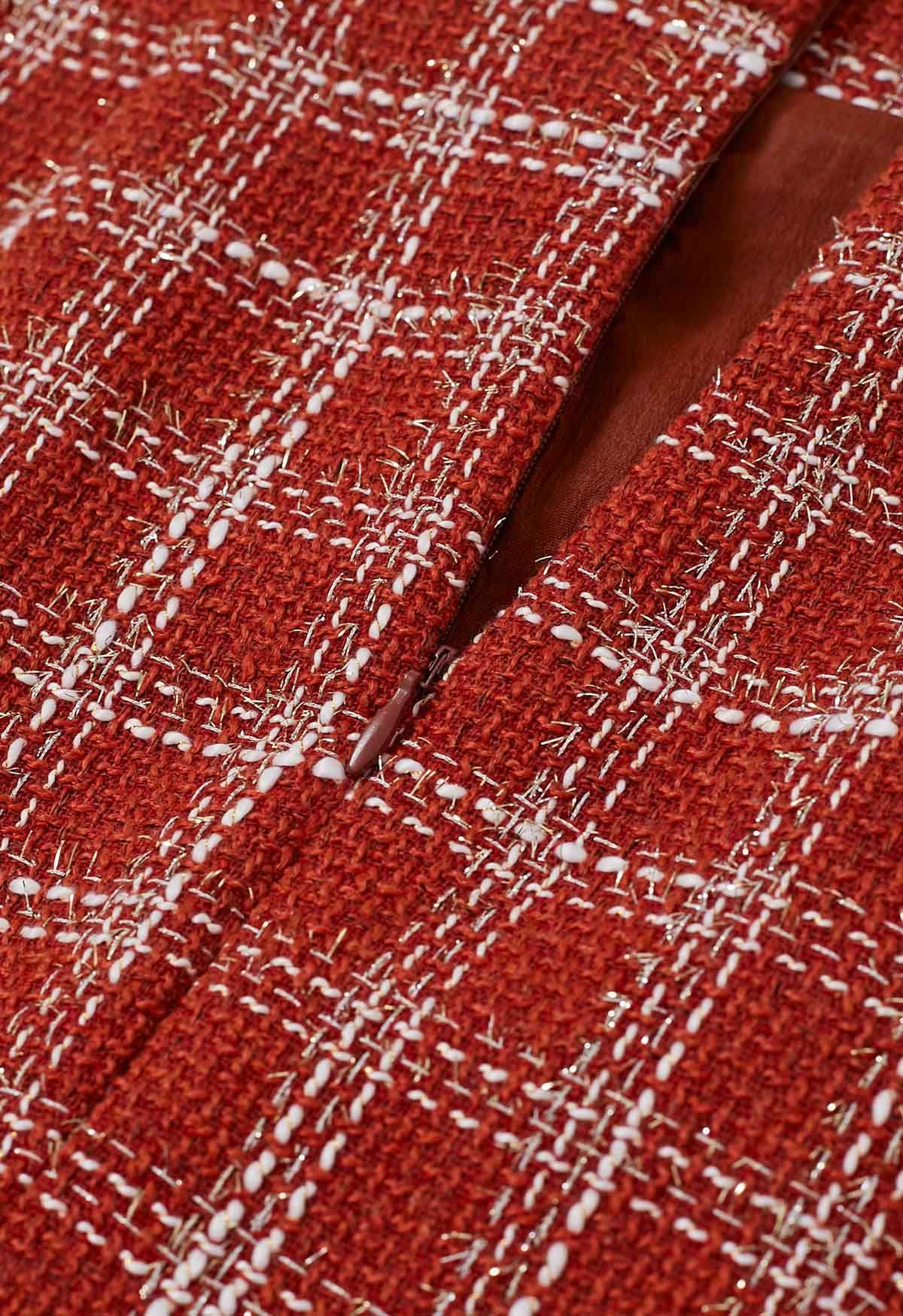 Minifalda de tweed a cuadros roja con botones dorados