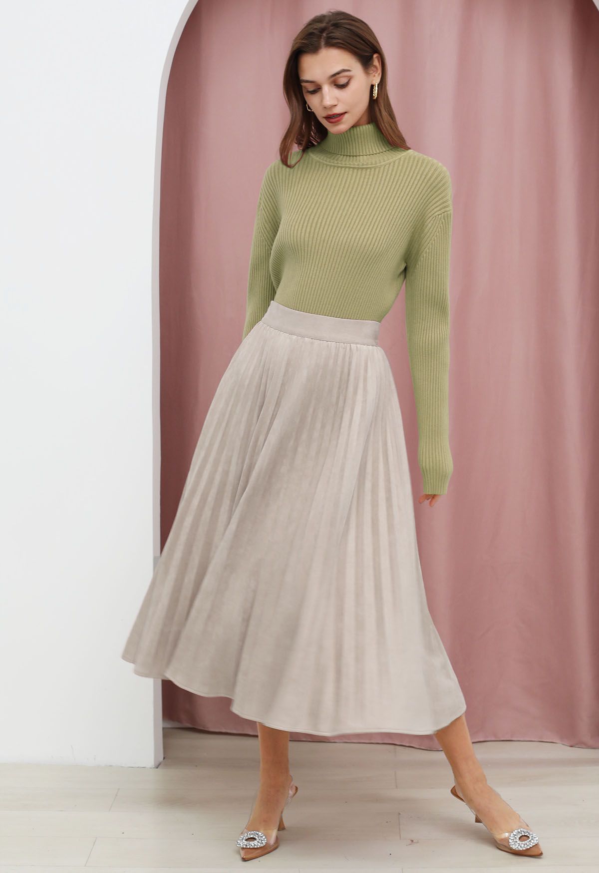 Falda midi plisada con parte delantera lisa sintética marfil