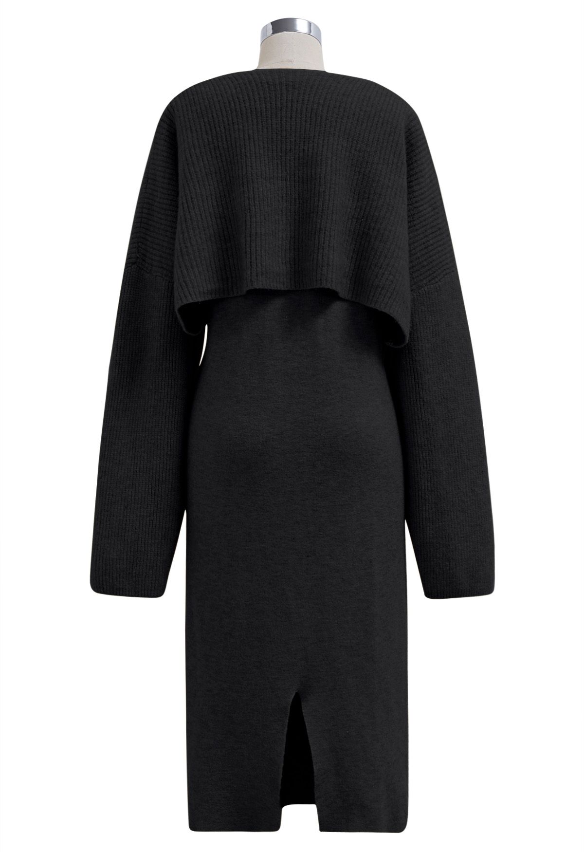 Conjunto informal de vestido de punto sin mangas y manga de suéter en mezcla de lana en negro