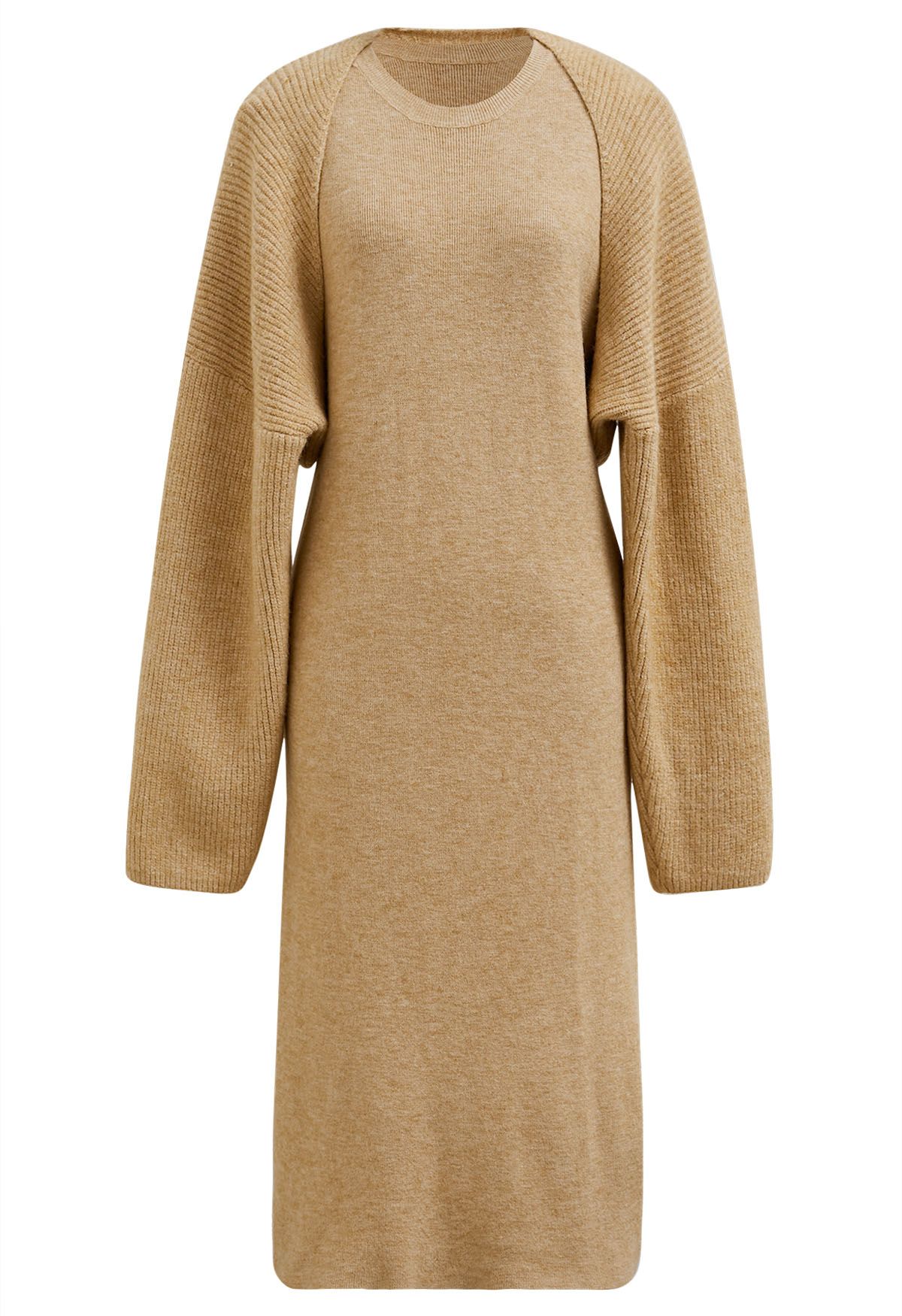 Conjunto informal de vestido de punto sin mangas y manga de suéter en mezcla de lana en color camel
