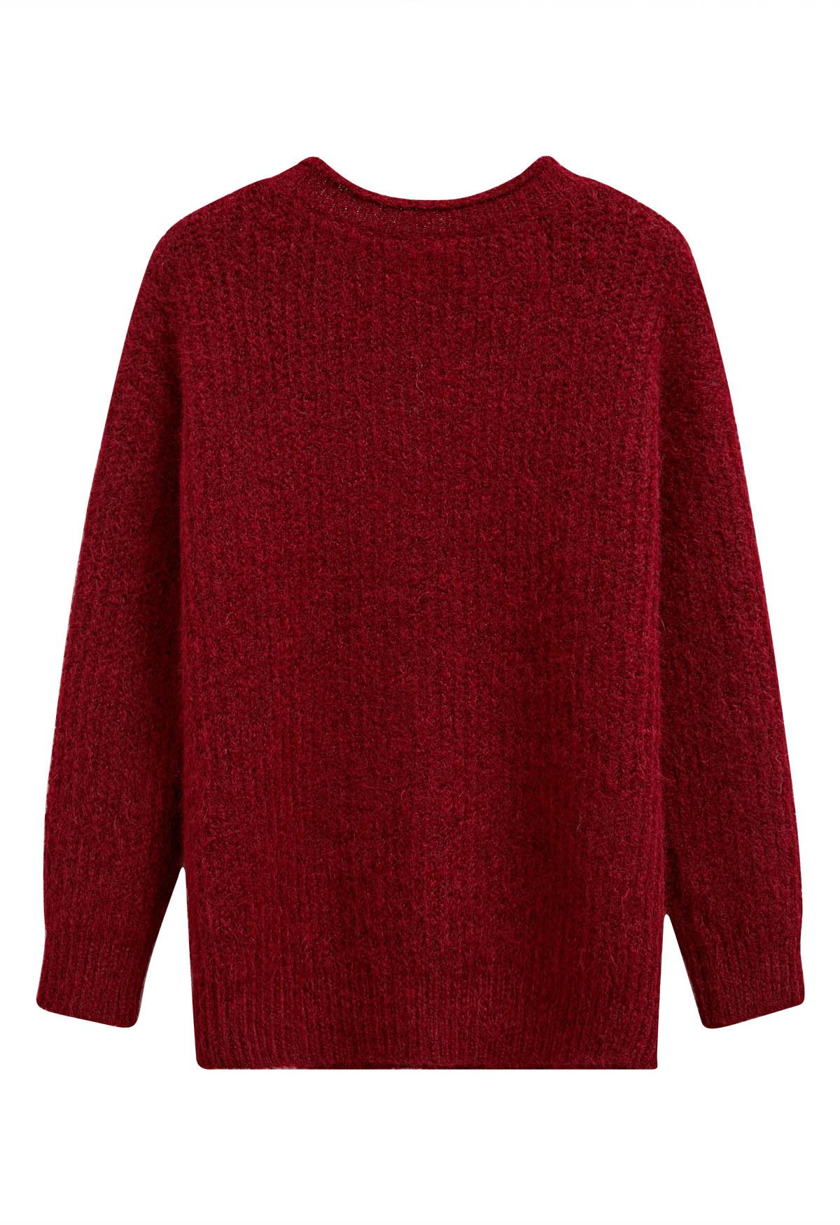 Suéter de punto borroso decorado con cremallera en rojo