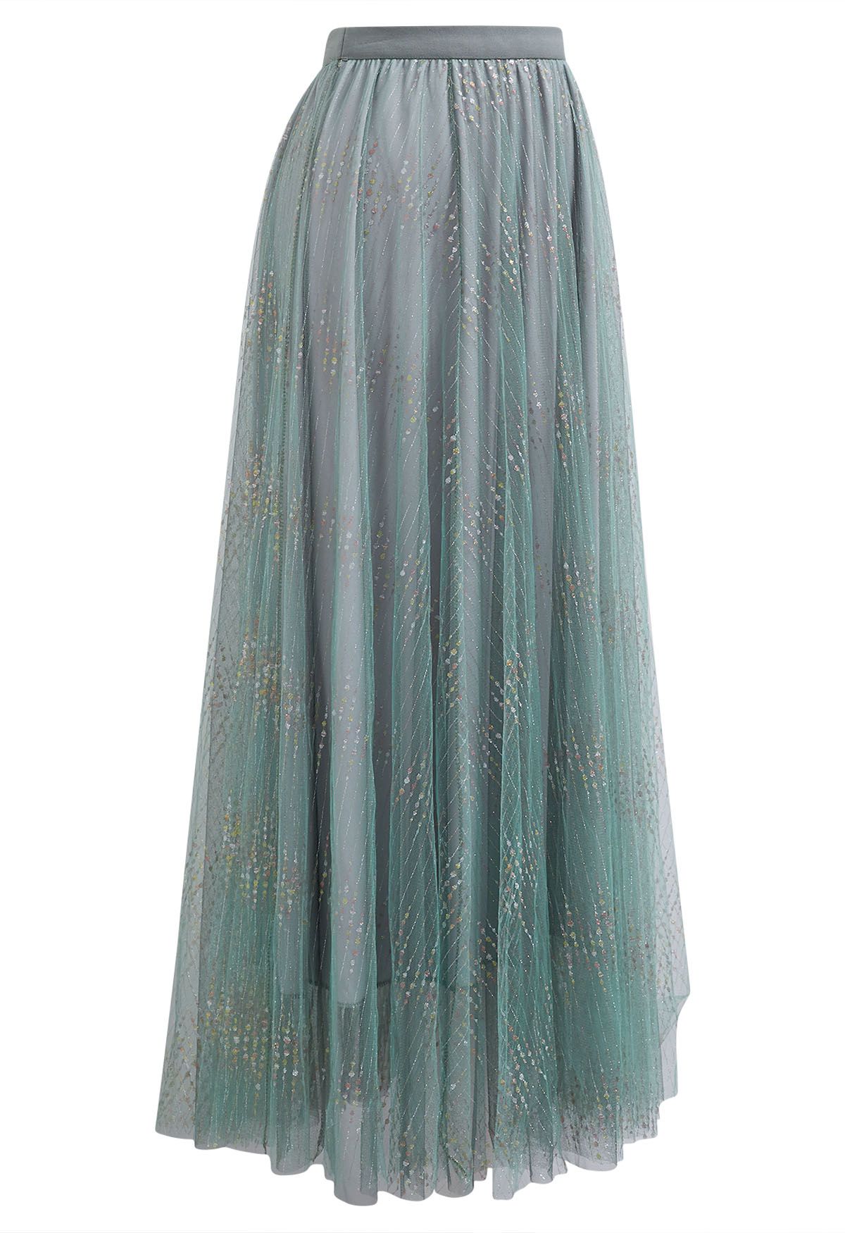 Falda larga de tul de malla con bordado de hilo brillante en color verde azulado