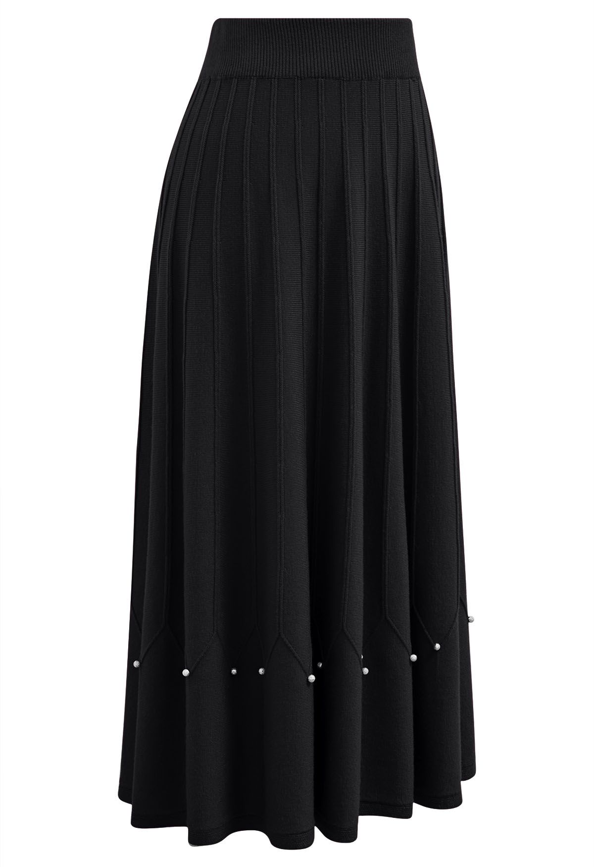 Falda midi de punto con costuras adornadas con cuentas plateadas en negro