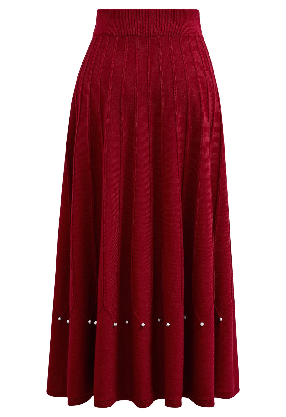 Falda midi de punto con costuras adornadas con cuentas plateadas en rojo