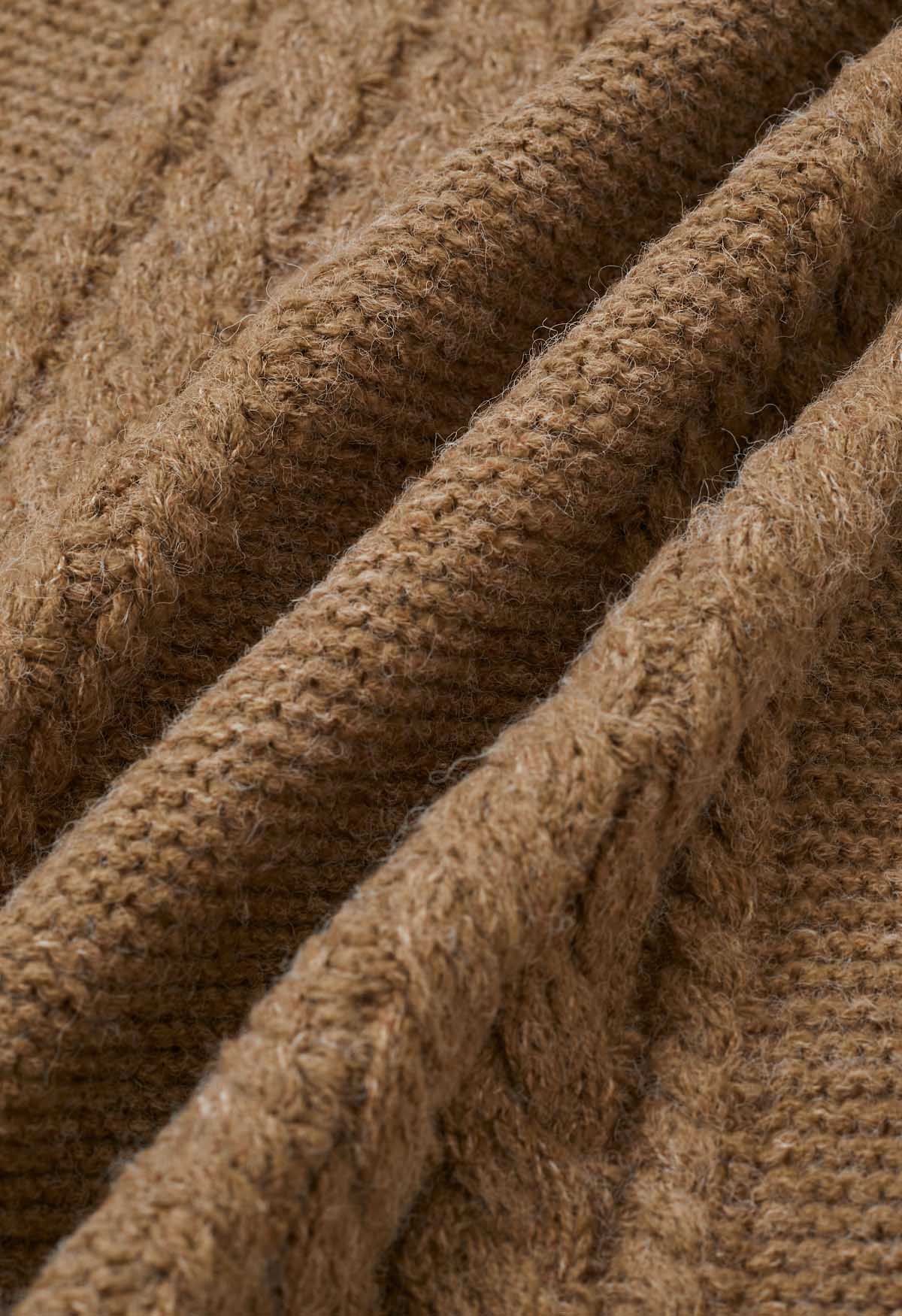 Cárdigan largo de punto de ochos con cuello con solapa en marrón