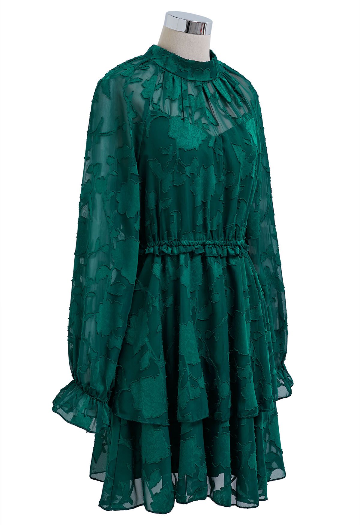 Vestido corto de malla en jacquard floral esmeralda