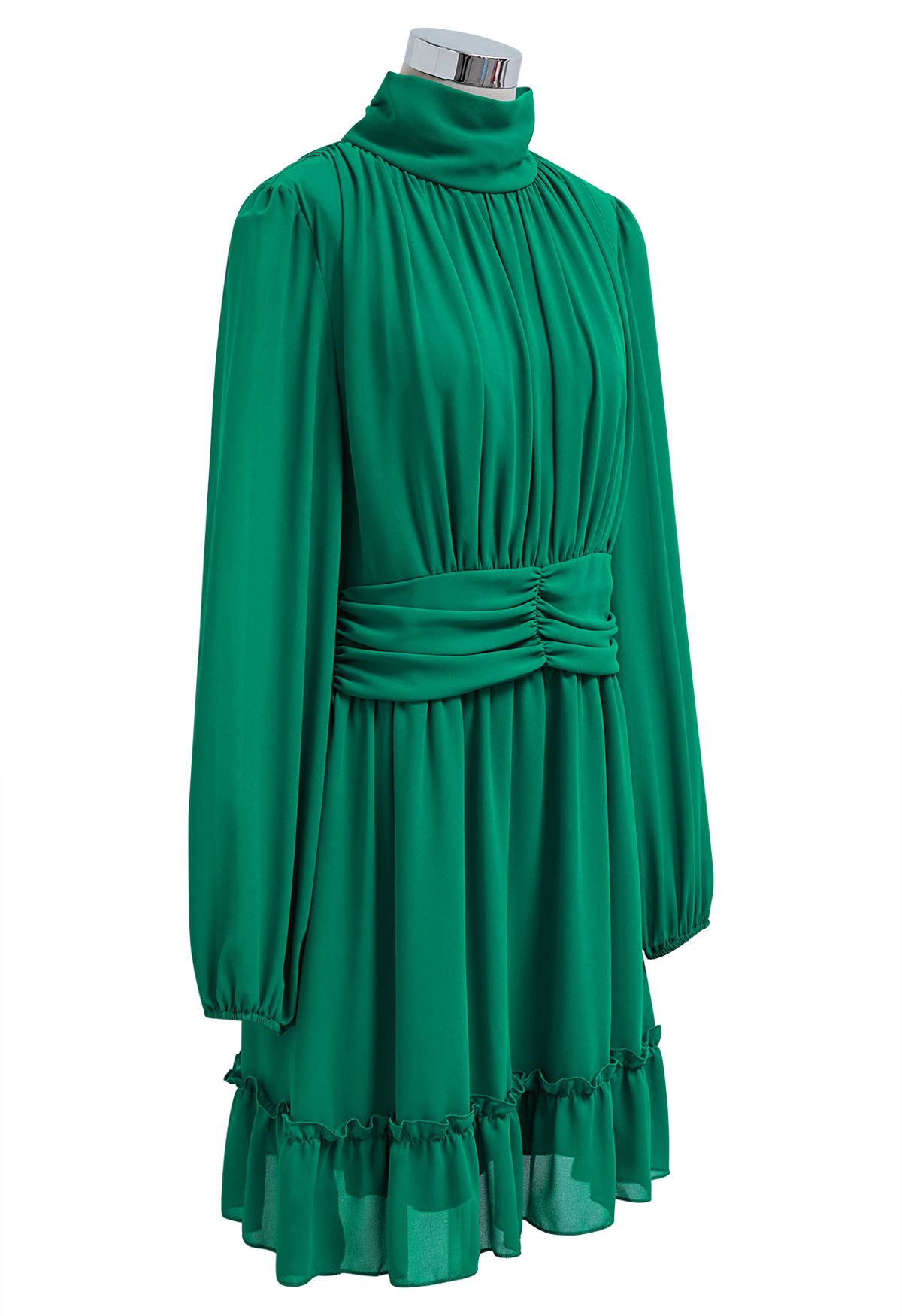 Vestido de gasa aireado con cintura fruncida y cuello simulado en verde