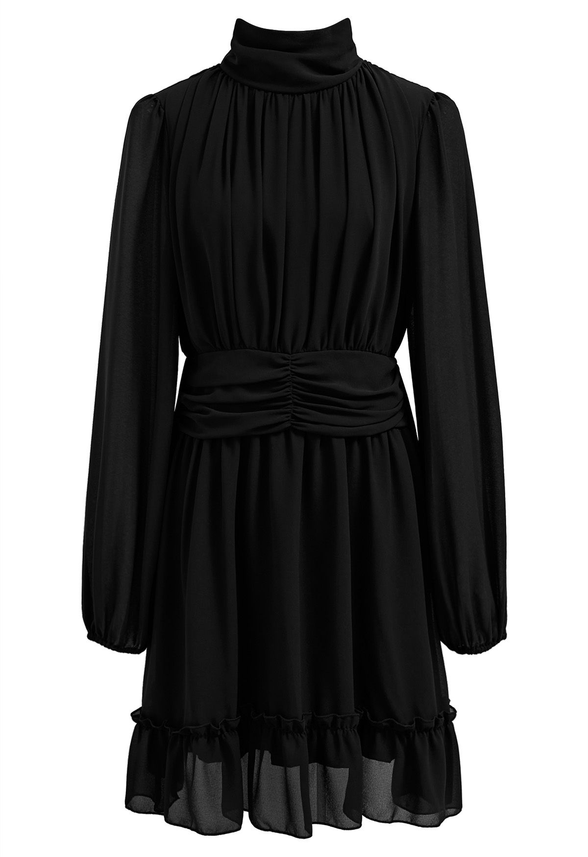 Vestido de gasa aireado con cintura fruncida y cuello simulado en negro