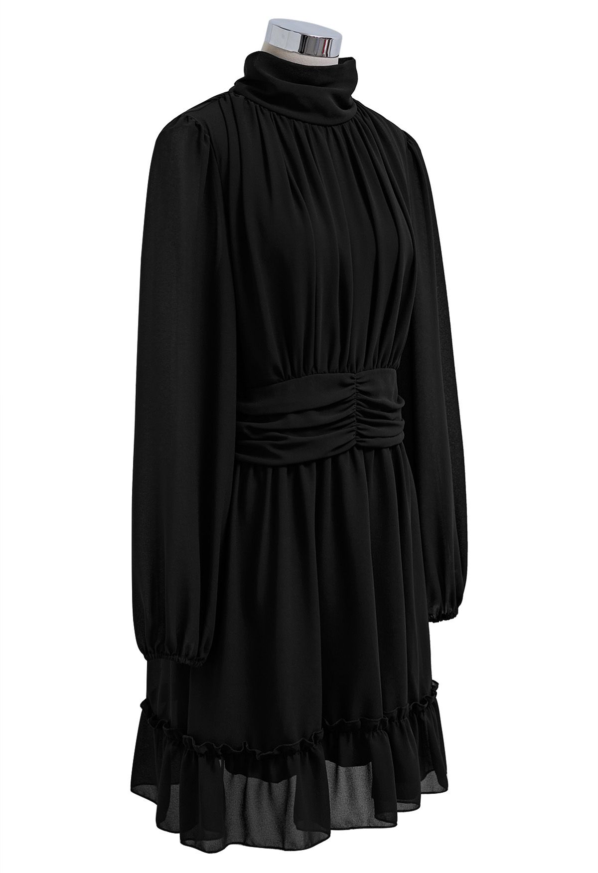 Vestido de gasa aireado con cintura fruncida y cuello simulado en negro