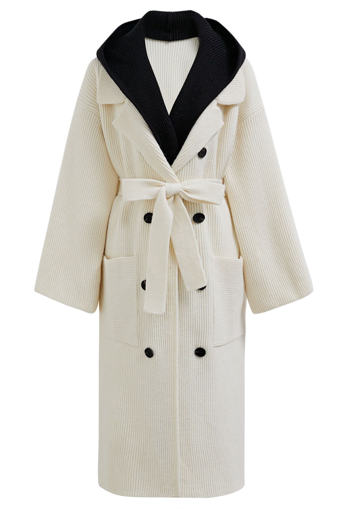 Abrigo largo con capucha de dos piezas falso en contraste en color crema