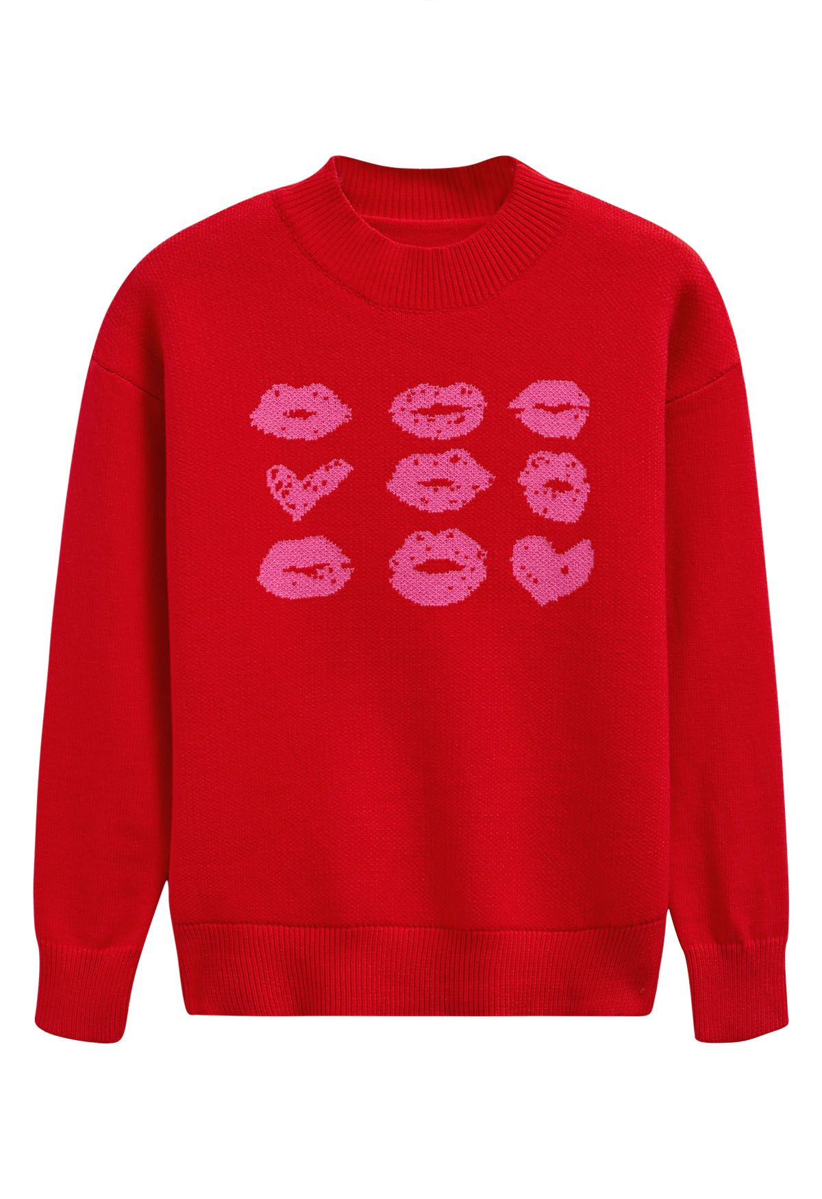 Suéter de punto con estampado de labios rojos en rojo