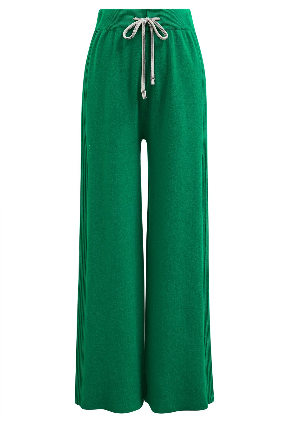 Pantalones de punto con cintura con cordón y detalle de canalé en verde