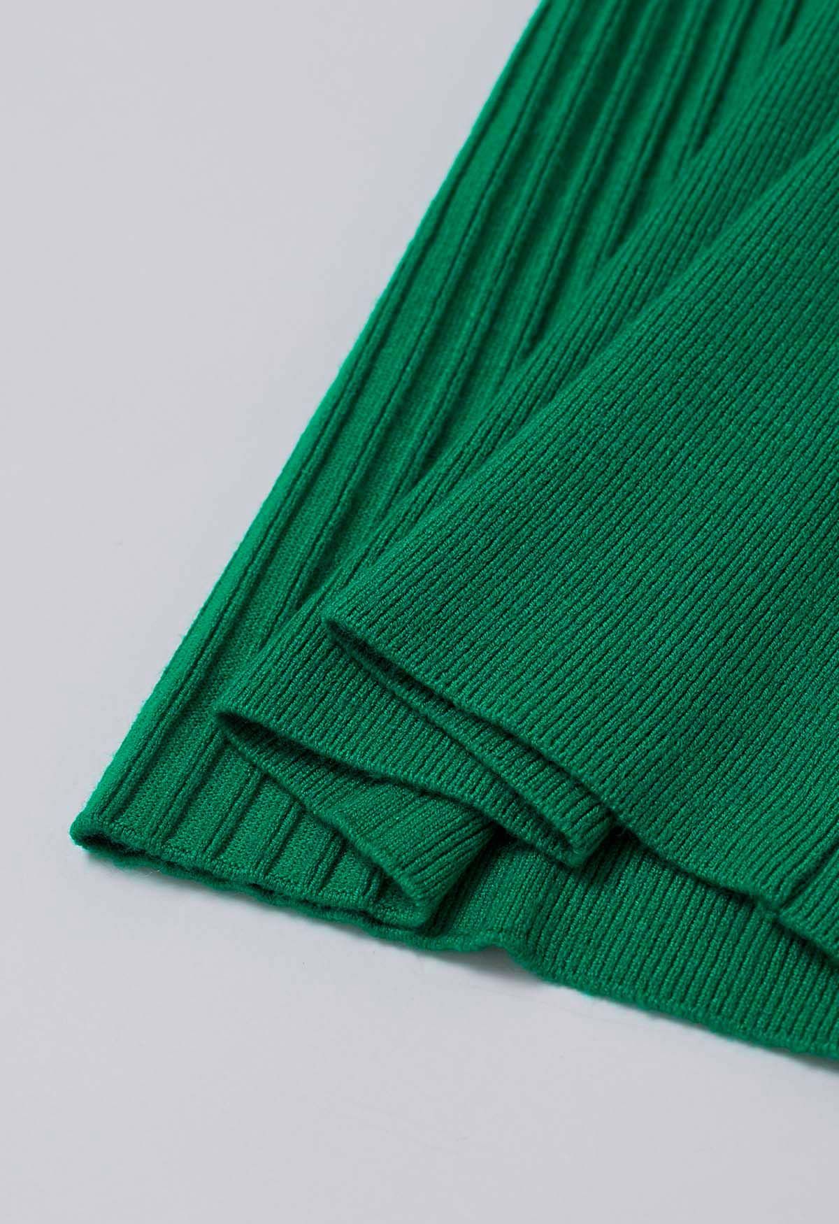 Pantalones de punto con cintura con cordón y detalle de canalé en verde
