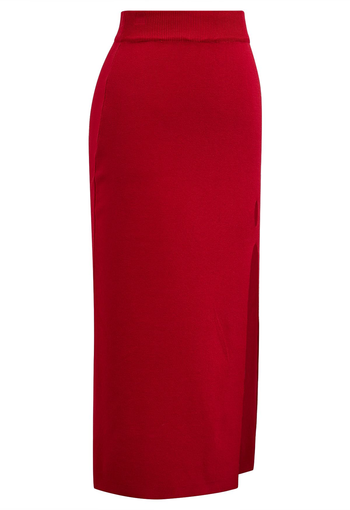 Falda midi de punto con abertura lateral y abertura en rojo