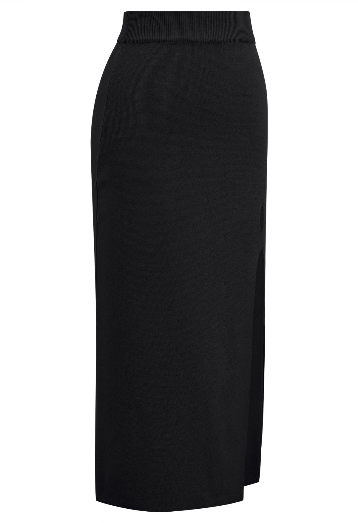 Falda midi de punto con abertura lateral y abertura en negro