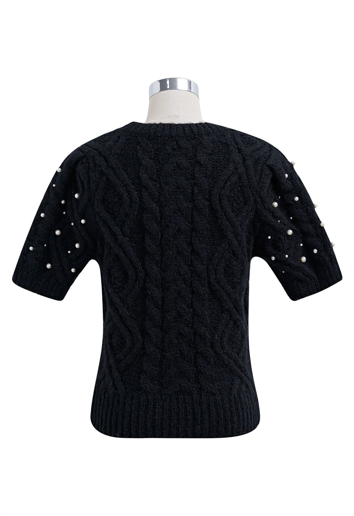 Suéter de punto de ochos de manga corta nacarado en negro