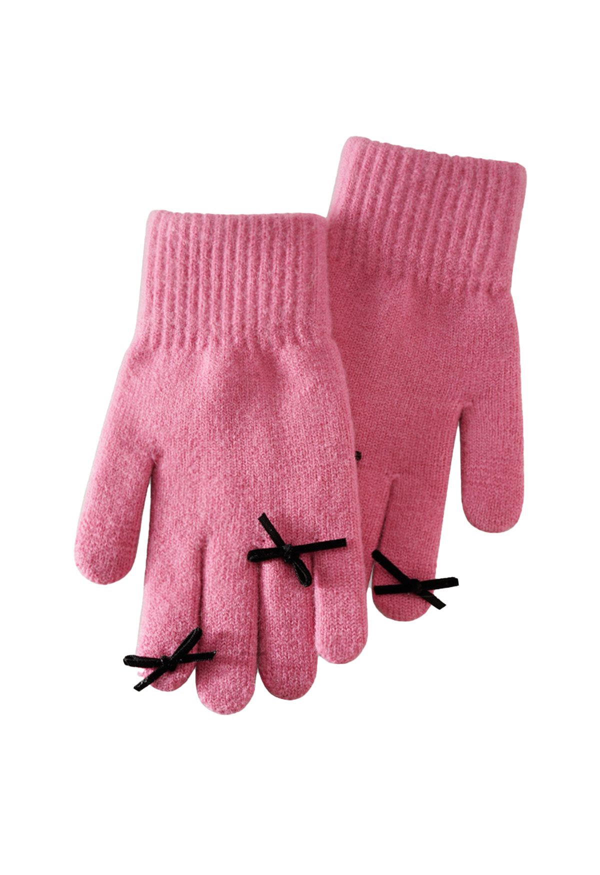 Guantes de punto con abertura para los dedos y decoración de lazo en rosa