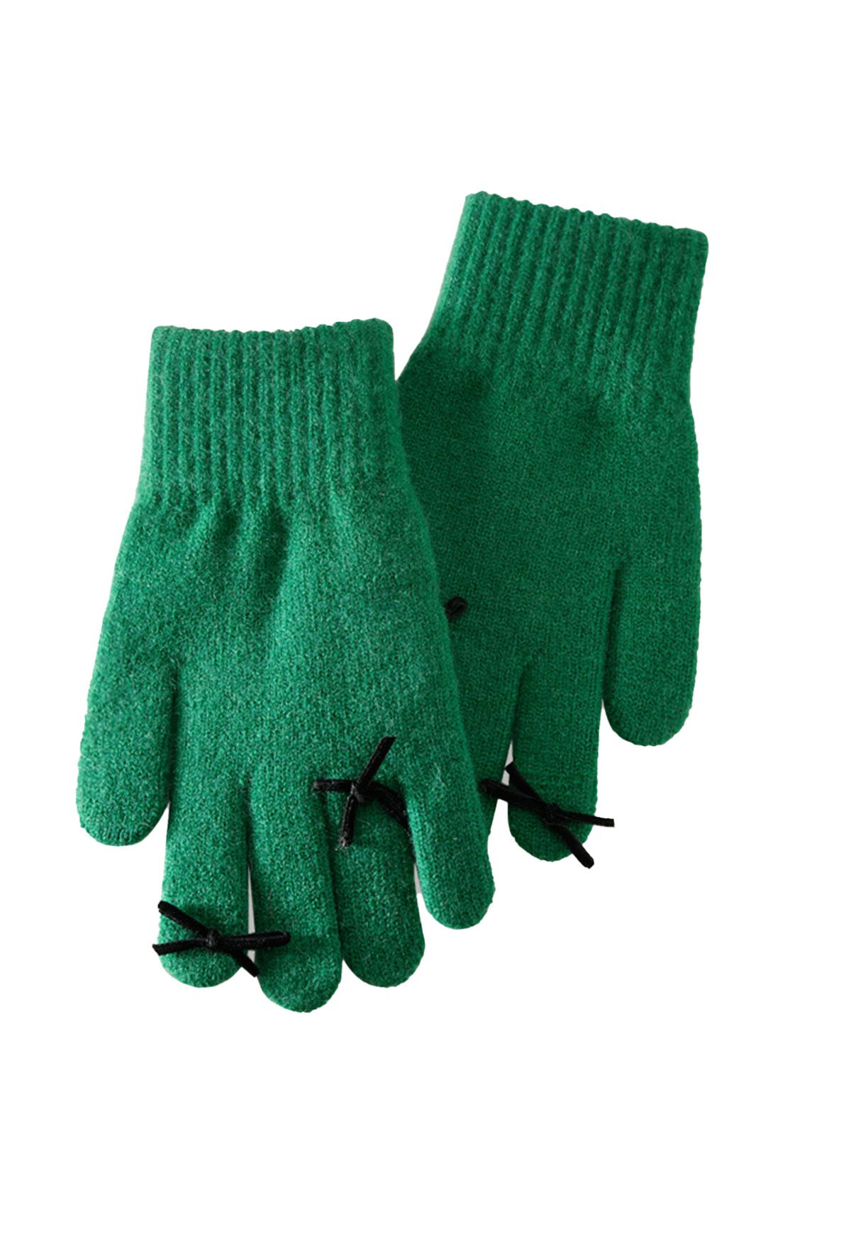 Guantes de punto con orificio para los dedos y decoración Bowknot en verde