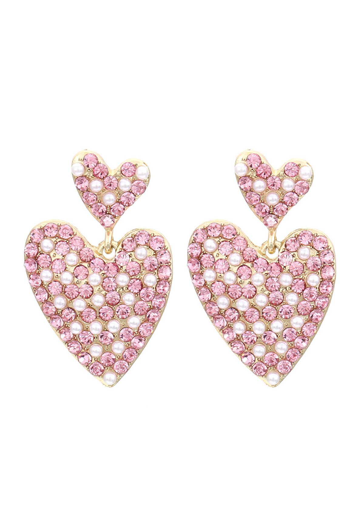 Preciosos pendientes de diamantes de imitación con forma de corazón de perlas