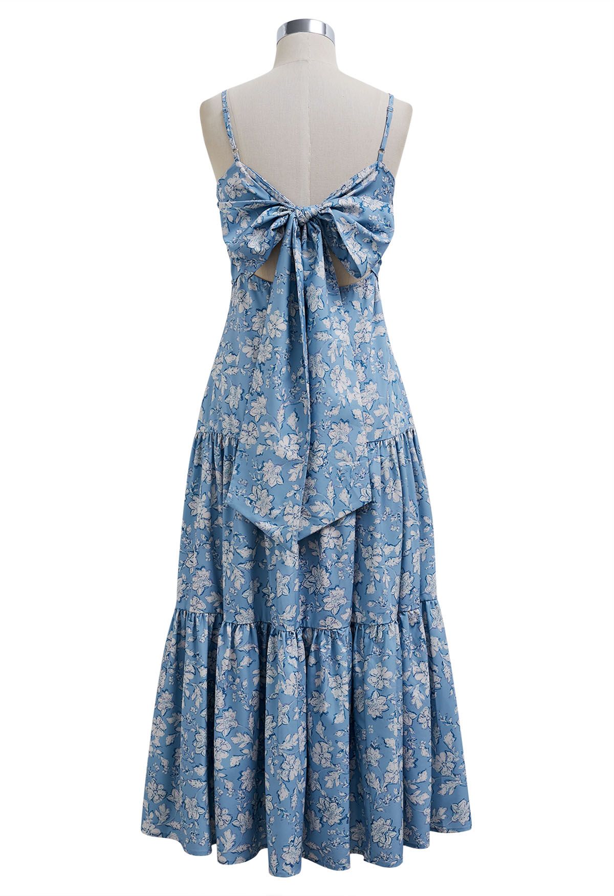 Vestido camisero con estampado floral y espalda con lazo en azul