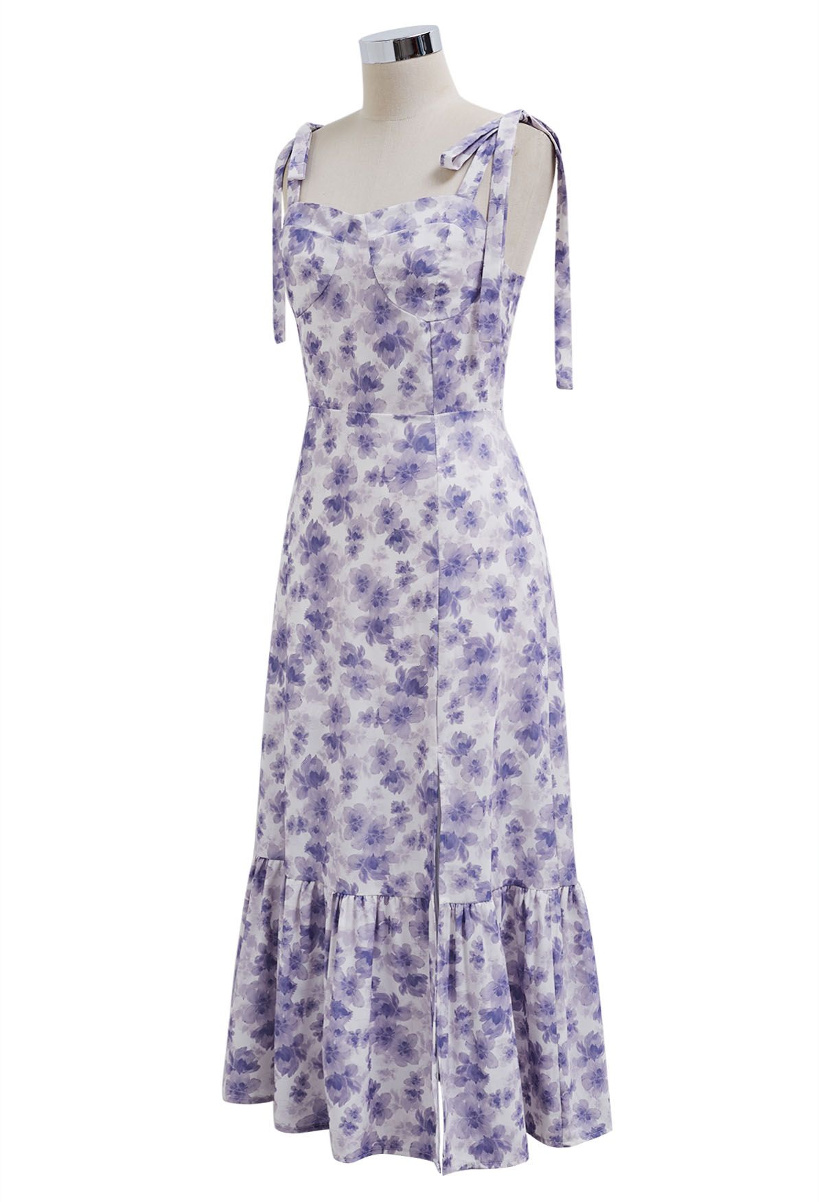 Vestido midi floral con abertura y lazo en los hombros en morado